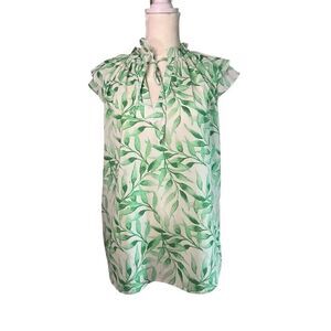 First Love Floral Tropical Ruffled Short Sleeve Blouse Green White Size Small